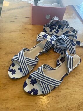 Cabi Blue and White Floral & Stripe Wrap Sandals- Size 10
